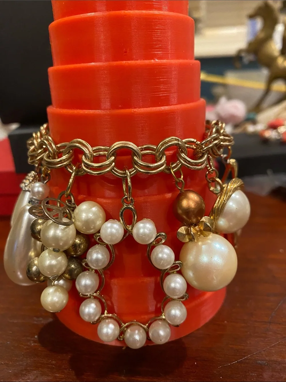 Repurposed Gold-Tone Pearl Charm Bracelet - Elegant Women’s Jewelry